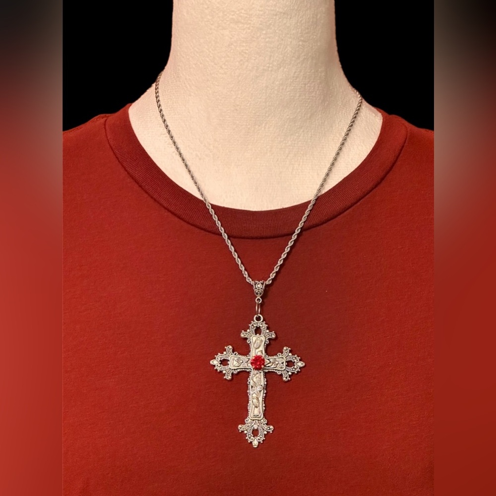 Gothic Red Crystal Cross Charm Necklace Floral Design Big Punk Goth Silver Tone